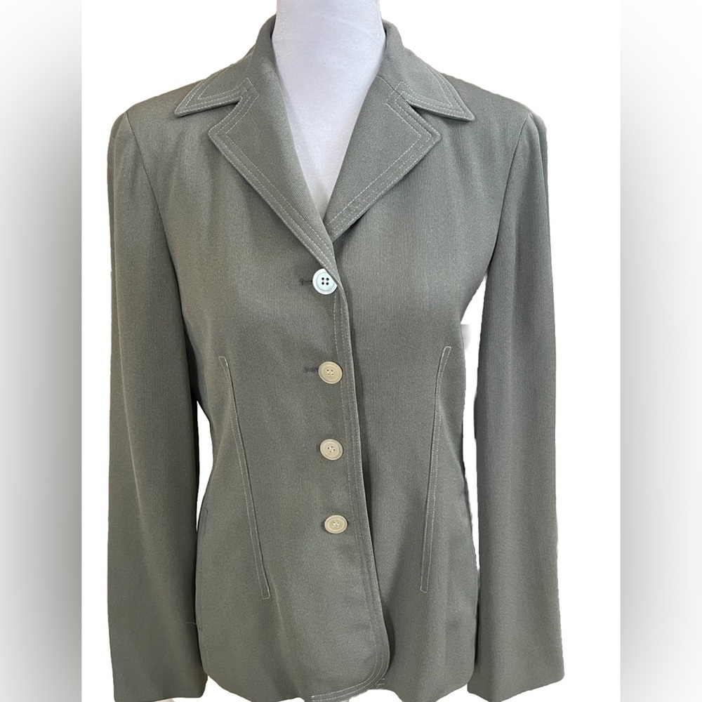 RENFREW Sage Green Ribbed Blazer Jacket With White Stitching & Pockets Women’s 2
